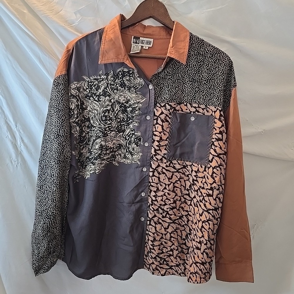 Vtg Together! 80's Mixed Print Patchwork Button-Up Shirt Size XL Boho-chic